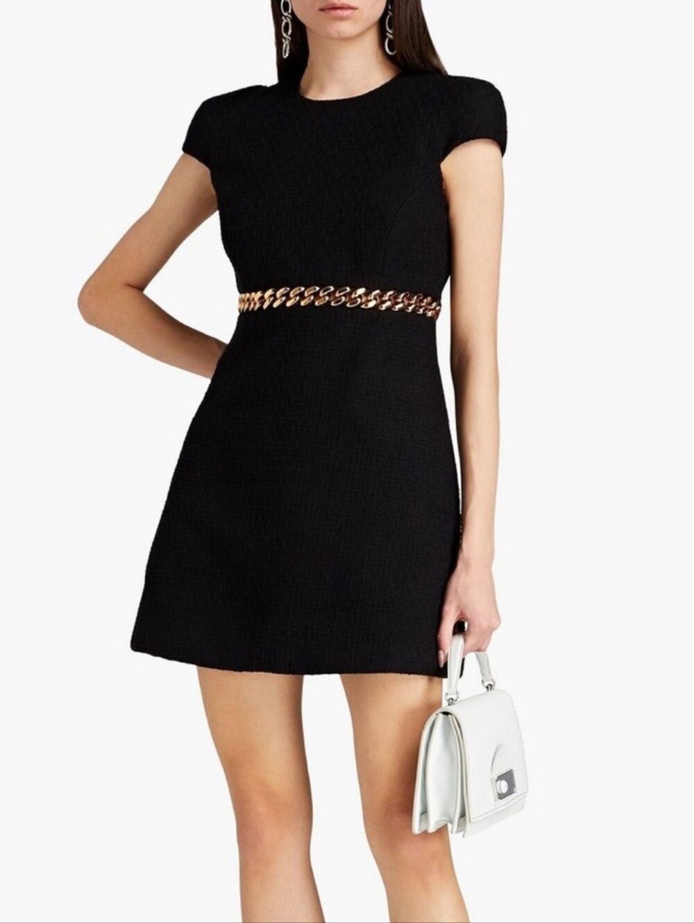 Versace Black Tweed Gold Chain Capped Sleeve Dress With Pockets